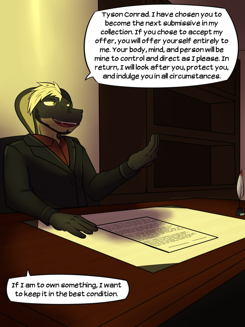 anthro beard clothed clothing cobra comic contract desk dialogue english_text facial_hair formal_wear fully_clothed furniture fuze hi_res loose_feather male percival_(texnatsu) quill reptile scalie sitting snake solo table texnatsu text