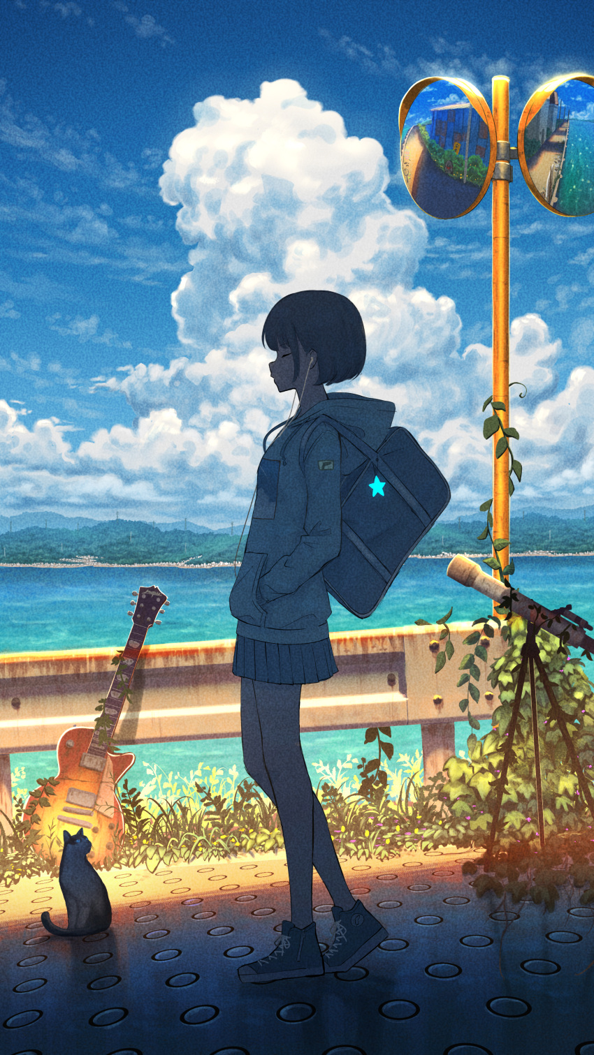 1girl absurdres backlighting bag black_footwear black_hair black_skirt blue_sky bob_cut building cat closed_eyes closed_mouth cloud commentary_request cumulonimbus_cloud day earbuds earphones grey_hoodie guard_rail guitar highres hood hoodie instrument leaf mirror mountainous_horizon ocean original outdoors pasoputi reflection scenery school_bag school_uniform short_hair skirt sky solo standing summer telescope