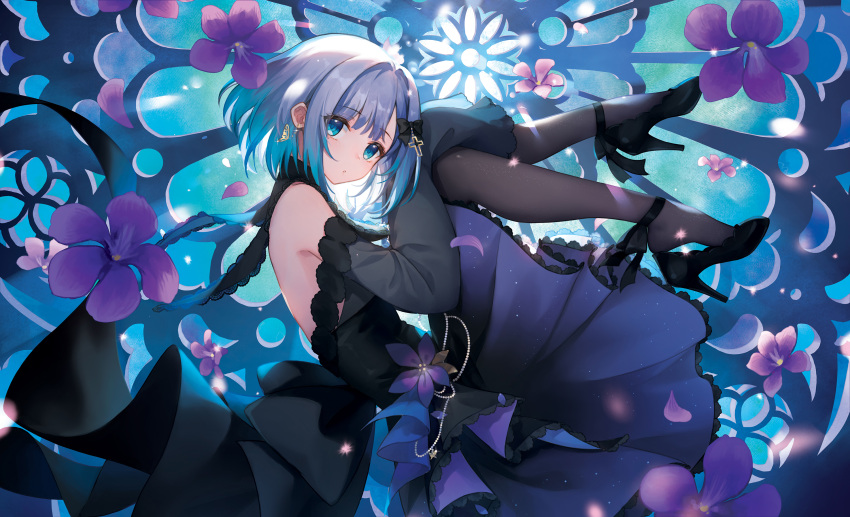 1girl ankle_bow bare_shoulders black_bow black_capelet black_dress black_footwear blue_eyes blue_hair blunt_bangs bow capelet commentary dress dress_flower earrings flower frilled_dress frills glint gradient_hair grey_hair grey_thighhighs hair_bow hair_intakes high_heels highres jewelry kaga_sumire lupinus_virtual_games multicolored_hair off-shoulder_dress off_shoulder purple_flower shine_cheese short_hair sleeves_past_wrists solo thighhighs virtual_youtuber vspo!