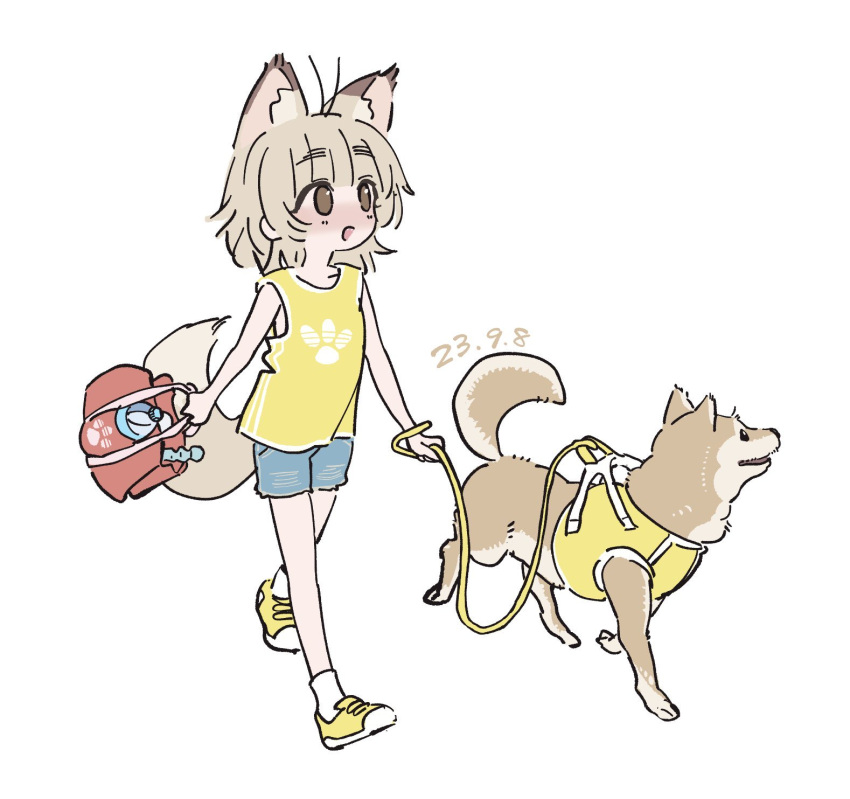 1girl adidas animal_ears antenna_hair bag blonde_hair blunt_bangs blush bouen brown_eyes commentary_request cutoffs dated denim denim_shorts fox_ears fox_girl fox_tail full_body highres holding holding_bag holding_leash leash logo_parody looking_to_the_side looking_up medium_hair no_pupils open_mouth original pet_walking raised_eyebrows shiba_inu shoes short_shorts shorts simple_background smile sneakers solo tail tank_top thick_eyebrows white_background yellow_footwear yellow_tank_top