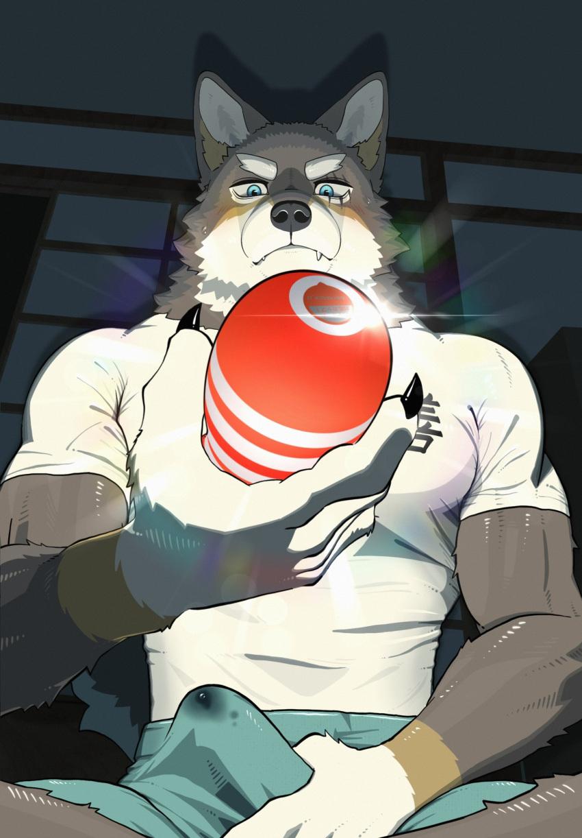 2023 anthro bodily_fluids bottomwear canid canine canis claws clothed clothing erection erection_under_clothing eyebrows fur genital_fluids hi_res holding_object holding_sex_toy imminent_masturbation inside kemono lens_flare male mammal muscular muscular_anthro muscular_male nagick_18 ogami_aratsuka penetrable_sex_toy precum precum_through_clothing scar sex_toy shirt shorts sitting solo sweat tenga tenting topwear tuft vtuber wet wet_clothing wolf