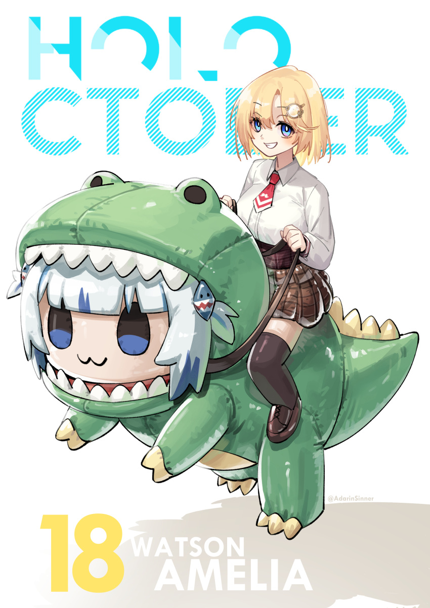 2girls :3 absurdres adarin blonde_hair blue_eyes blue_hair blunt_bangs breasts brown_footwear brown_skirt character_name chibi collared_shirt costume dinosaur_costume dress_shirt english_text gawr_gura hair_ornament high-waist_skirt highres hololive hololive_english hood hood_up medium_breasts multicolored_hair multiple_girls necktie plaid plaid_skirt pleated_skirt red_necktie shirt short_hair short_necktie skirt smile smol_gura solo streaked_hair tail thighhighs twitter_username two_side_up virtual_youtuber watson_amelia watson_amelia_(1st_costume) white_hair white_shirt