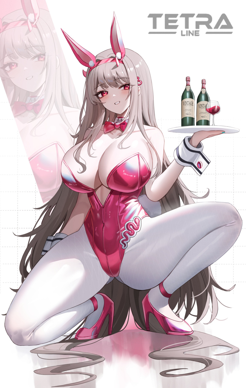 1girl absurdres alcohol animal_ears bare_shoulders bottle bow bowtie breasts cup detached_collar drinking_glass fake_animal_ears goddess_of_victory:_nikke high_heels highres holding holding_tray horns jeze large_breasts leotard light_brown_hair long_hair pantyhose pink_horns pink_leotard playboy_bunny solo tray viper_(nikke) viper_(toxic_rabbit)_(nikke) white_pantyhose wine wine_bottle wine_glass wrist_cuffs