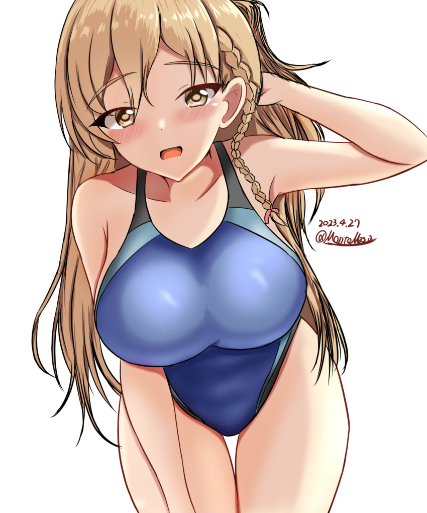 1girl black_one-piece_swimsuit blonde_hair blue_one-piece_swimsuit blush braid breasts brown_eyes competition_swimsuit covered_navel dated french_braid hair_between_eyes highres impossible_clothes impossible_swimsuit kantai_collection large_breasts long_hair looking_at_viewer montemasa multicolored_clothes multicolored_swimsuit one-hour_drawing_challenge one-piece_swimsuit open_mouth simple_background smile solo swimsuit twitter_username two-tone_swimsuit wavy_hair white_background zara_(kancolle)