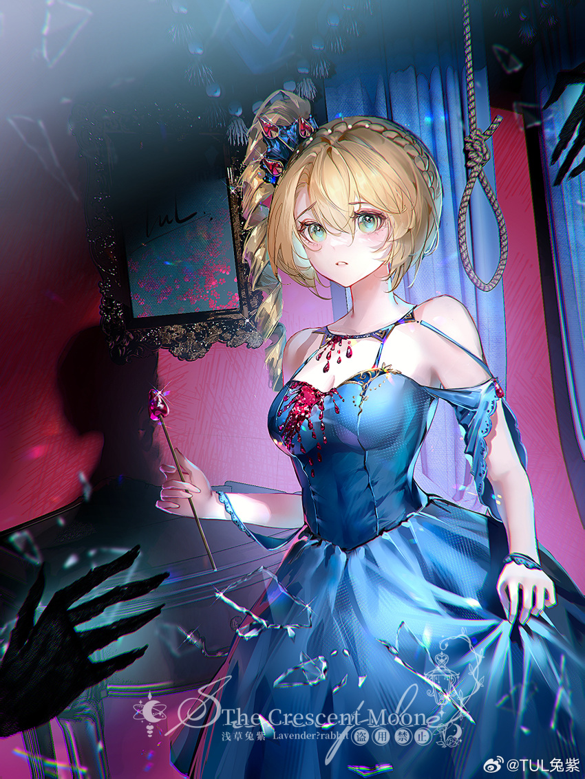 1girl 1other black_hands blonde_hair blue_dress braid breasts cleavage crown_braid curtains diadem dress drill_hair furrowed_brow glass_shards green_eyes hair_between_eyes hanging highres holding holding_wand long_hair looking_to_the_side medium_breasts medium_dress noose official_alternate_costume parted_lips picture_frame reverse:1999 see-through see-through_cleavage see-through_sleeves short_sleeves side_drill skirt_hold solo_focus sotheby tul_tuzi upper_body wand watermark weibo_logo weibo_username