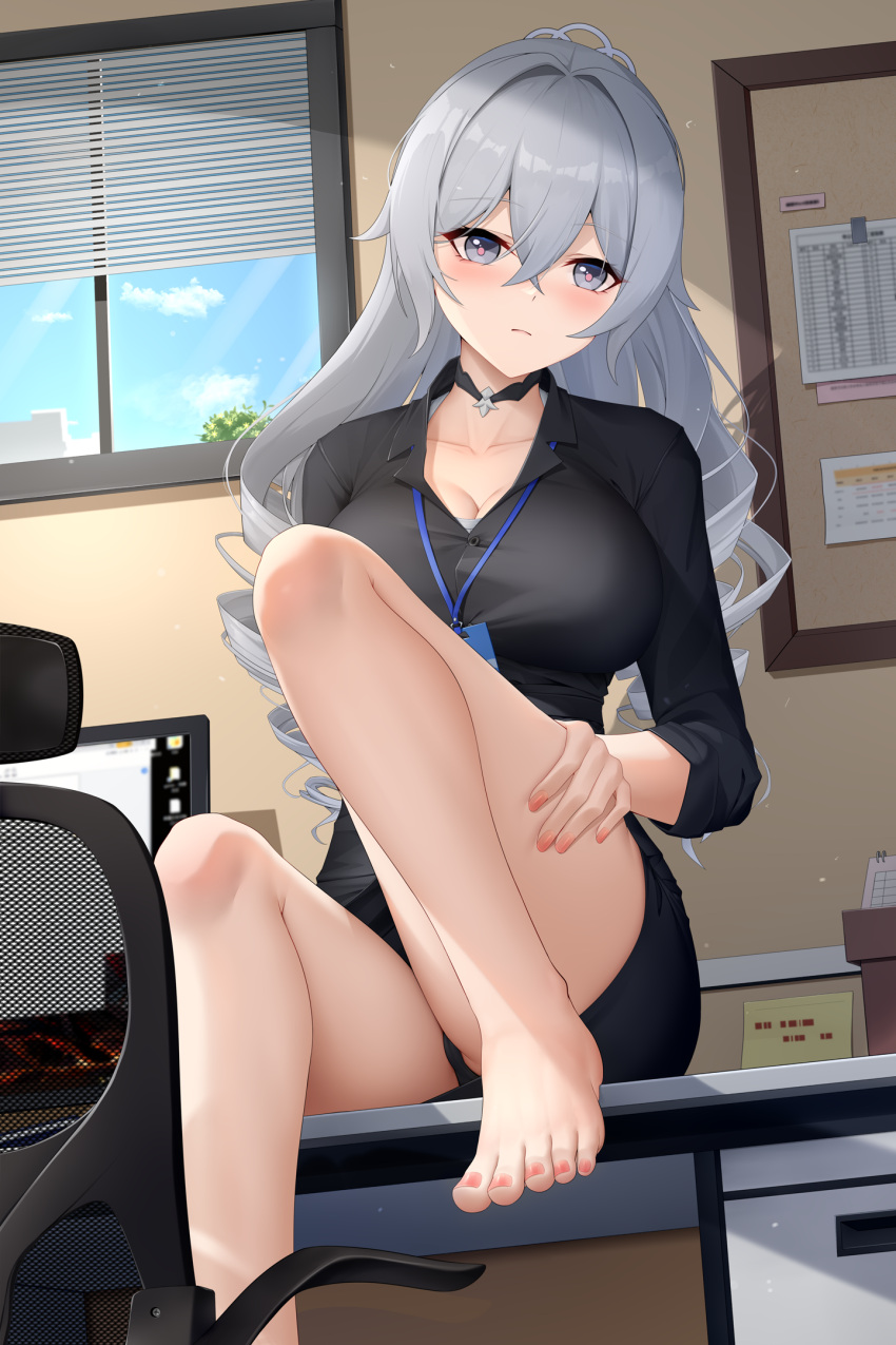 1girl bare_legs barefoot black_jacket black_panties black_skirt blue_sky blush board breasts bronya_zaychik bronya_zaychik_(silverwing:_n-ex) chair cleavage closed_mouth crossed_bangs drill_hair feet foot_out_of_frame grey_eyes grey_hair highres honkai_(series) honkai_impact_3rd id_card indoors jacket knee_up lanyard large_breasts legs long_hair looking_at_viewer lrh0123 manicure monitor nail_polish office office_chair office_lady orange_nails panties skirt sky solo sticky_note swivel_chair table toenail_polish toenails toes twin_drills underwear very_long_hair