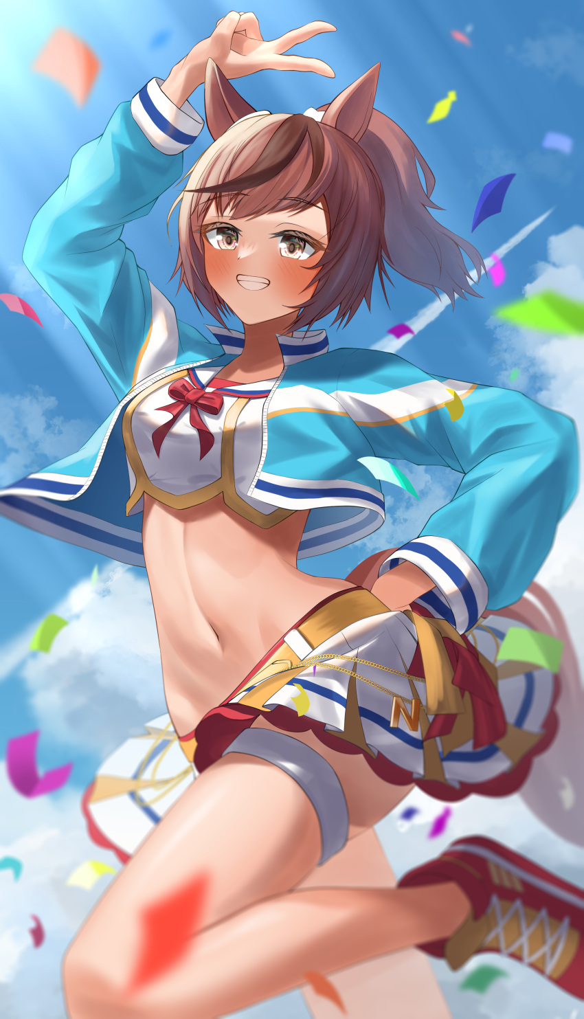 1girl absurdres animal_ears belt blue_jacket blush breasts cheerleader crop_top highres horse_ears horse_girl horse_tail jacket looking_at_viewer medium_breasts midriff navel nice_nature_(run&amp;win)_(umamusume) nice_nature_(umamusume) open_clothes open_jacket ponytail shoes shumai_il skirt tail umamusume v white_skirt yellow_belt