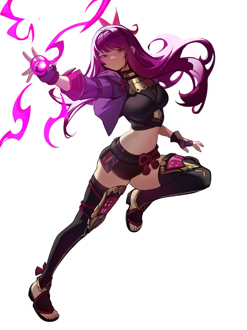 1girl absurdres alternate_costume black_shirt black_shorts black_thighhighs breasts commentary commission cosplay crop_top distr fingerless_gloves fire_emblem fire_emblem_engage full_body genshin_impact gloves highres ivy_(fire_emblem) jacket kuki_shinobu kuki_shinobu_(cosplay) long_hair long_sleeves medium_breasts midriff navel purple_eyes purple_gloves purple_hair purple_jacket shirt short_shorts shorts solo stomach thighhighs thighs