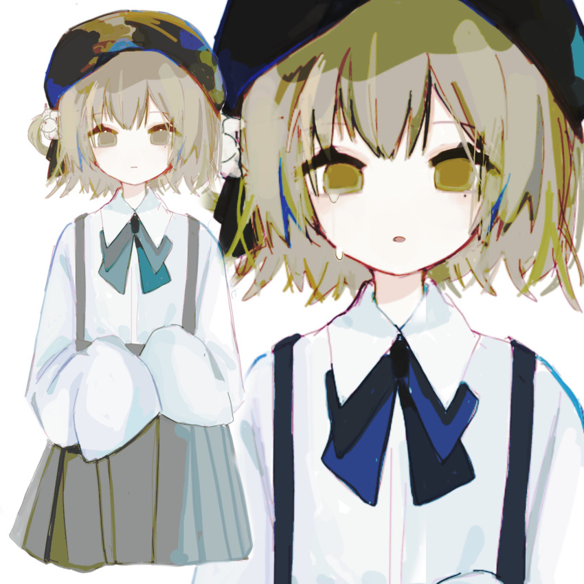 1girl :| beret black_headwear black_ribbon black_skirt blue_bow blue_bowtie bow bowtie brown_eyes brown_hair chooine closed_mouth collared_shirt cropped_legs crying crying_with_eyes_open flower hair_flower hair_ornament hair_ribbon hat hatoba_tsugu highres looking_at_viewer mole mole_under_eye no_pupils open_mouth pleated_skirt ribbon shirt shirt_tucked_in short_hair single_hair_ring skirt sleeves_past_fingers sleeves_past_wrists straight-on suspender_skirt suspenders tears tsugu_(vtuber) virtual_youtuber white_flower white_shirt zoom_layer