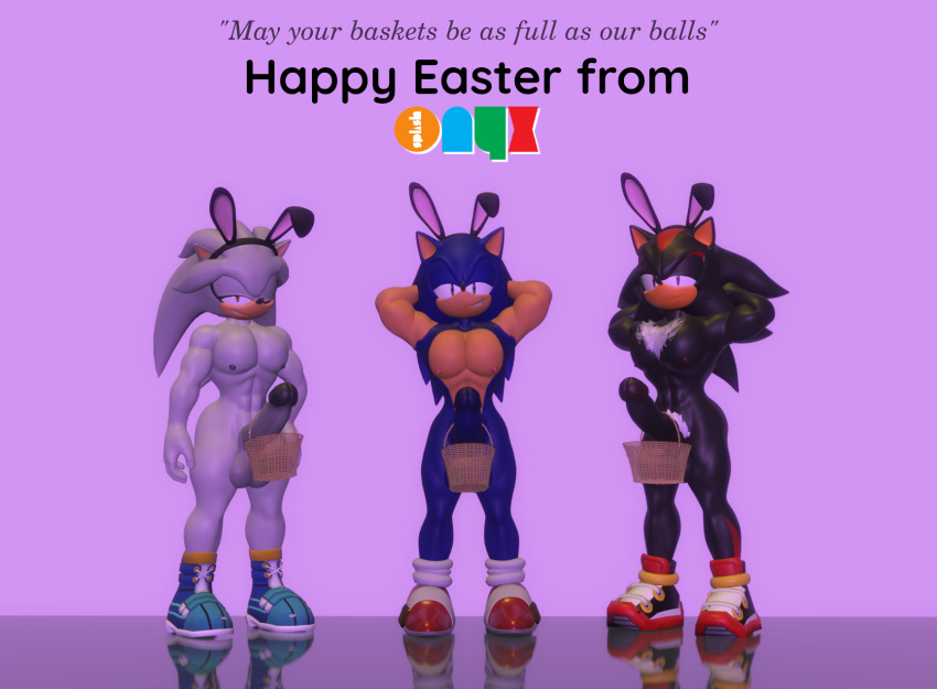 anthro balls big_butt big_penis butt easter easter_egg eulipotyphlan fake_ears fake_rabbit_ears genitals group hedgehog hi_res holidays huge_penis male mammal muscular muscular_male onyxsplash pecs penis pinup pose sega shadow_the_hedgehog silver_the_hedgehog sonic_the_hedgehog sonic_the_hedgehog_(series) trio wicker_basket