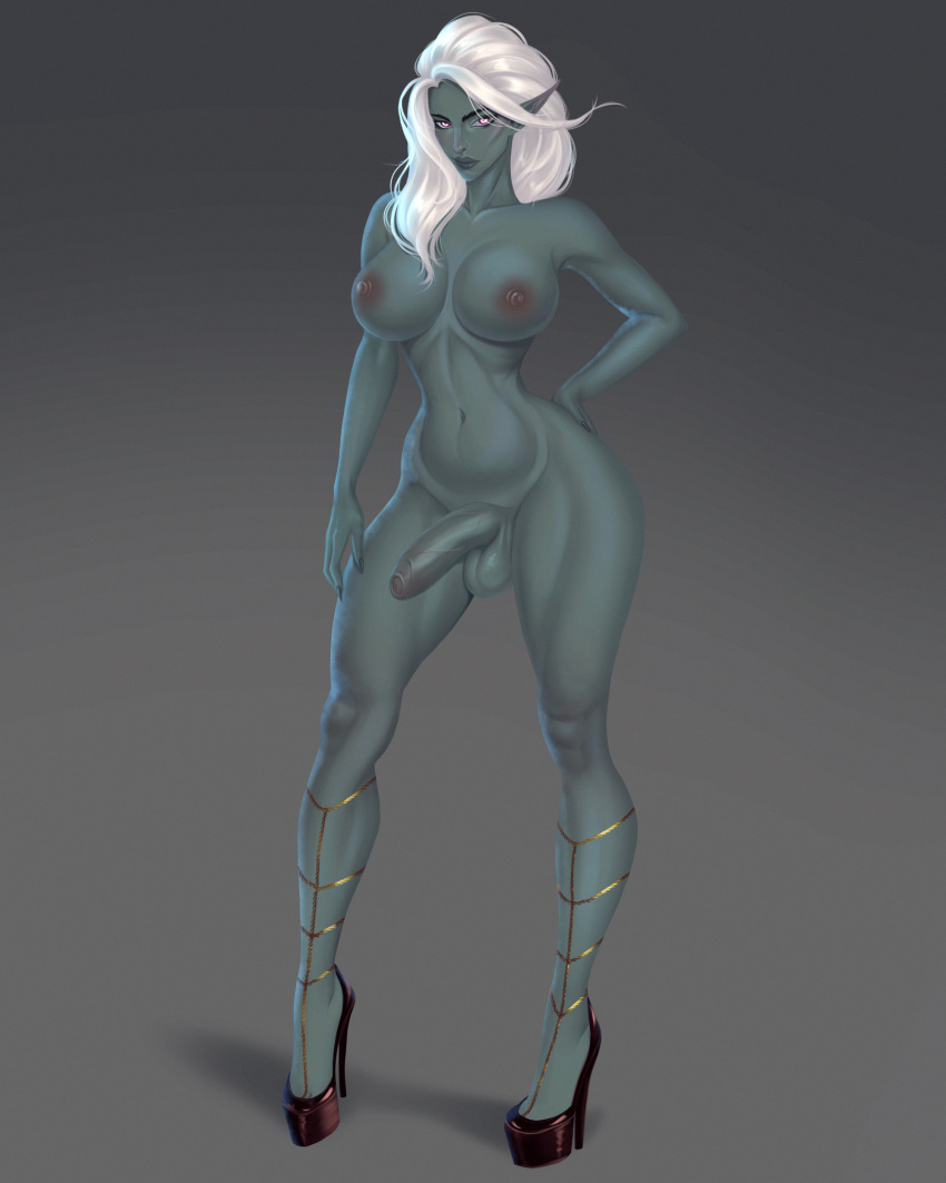 absurd_res areola balls boots breasts clothing dark_elf elf female flexible_survival footwear genitals glowing glowing_eyes grey_body hair hi_res humanoid jewelry legwear looking_at_viewer moirah nipples penis solo standing white_hair