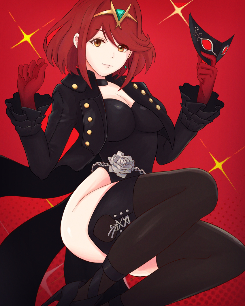 1girl absurdres black_choker black_footwear black_jacket black_leotard black_thighhighs breasts choker closed_mouth commentary cosplay earrings frilled_sleeves frills gloves high_heels highres holding holding_mask jacket jewelry knees_up leotard light_smile long_sleeves looking_at_viewer mask medium_breasts persona persona_5 persona_5_the_royal pyra_(xenoblade) red_background red_eyes red_gloves red_hair short_hair solo swept_bangs tailcoat thighhighs tiara truejekart xenoblade_chronicles_(series) xenoblade_chronicles_2 yoshizawa_kasumi yoshizawa_kasumi_(cosplay) zettai_ryouiki