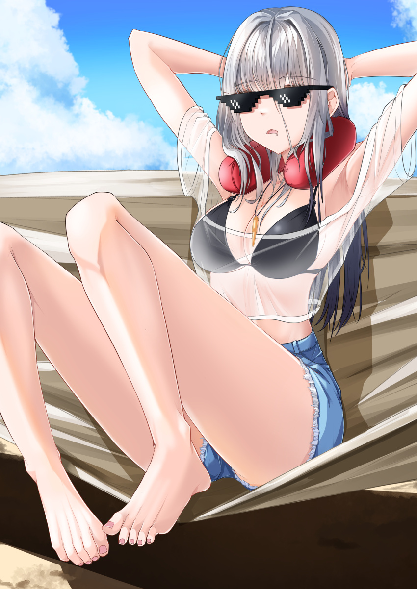 absurdres armpits arms_behind_head barefoot bikini blue_shorts blue_sky breasts closed_mouth cloud day denim denim_shorts feet frima_(nikke) frima_(sea_of_sloth)_(nikke) goddess_of_victory:_nikke hair_between_eyes highres kipdrew legs official_alternate_costume open_mouth outdoors saliva see-through shorts sitting sky sleeping sunglasses swimsuit thighs toenails toes white_hair