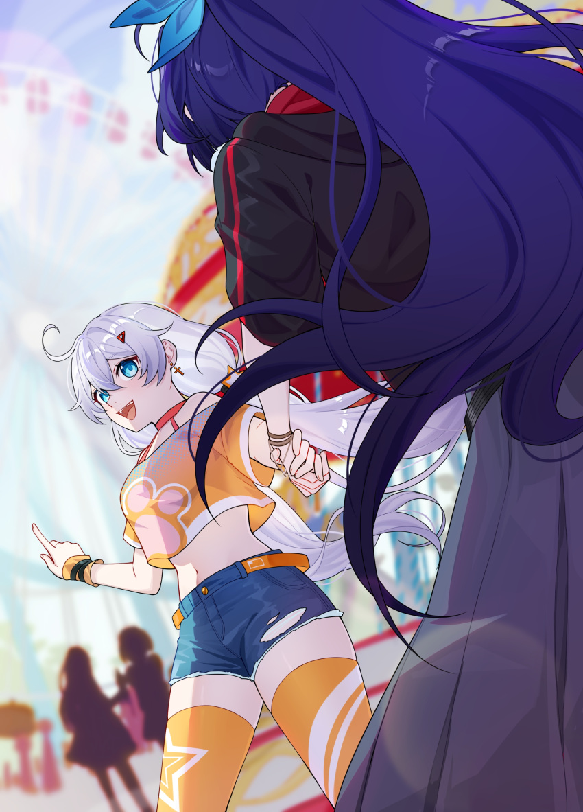 2girls absurdres back blue_eyes blurry blurry_background bow bracelet contemporary couple crop_top earrings hair_between_eyes hair_bow hair_ornament hairclip happy highres holding holding_hands honkai_(series) honkai_impact_3rd jacket jewelry kiana_kaslana lexingrakukouu long_hair looking_at_another looking_back multiple_girls open_mouth outdoors pointing ponytail purple_hair raiden_mei shorts thighhighs torn_clothes torn_shorts twintails white_hair yuri