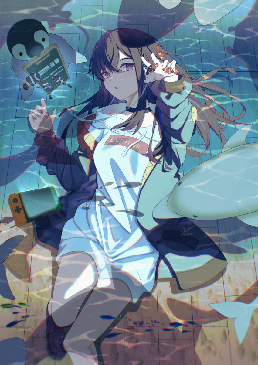 1girl bird black_choker black_hair blue_hair braid cellphone choker clothes_writing clownfish crossed_bangs dolphin earphones english_commentary english_text fish green_jacket hair_between_eyes highres hood hoodie ichinose_uruha jacket long_hair looking_at_viewer lupinus_virtual_games lying maria_onnette multicolored_hair nintendo_switch off_shoulder on_back open_clothes open_jacket penguin phone purple_eyes reaching ripples signature smartphone smartphone_case smile solo streaked_hair virtual_youtuber vspo! white_hoodie