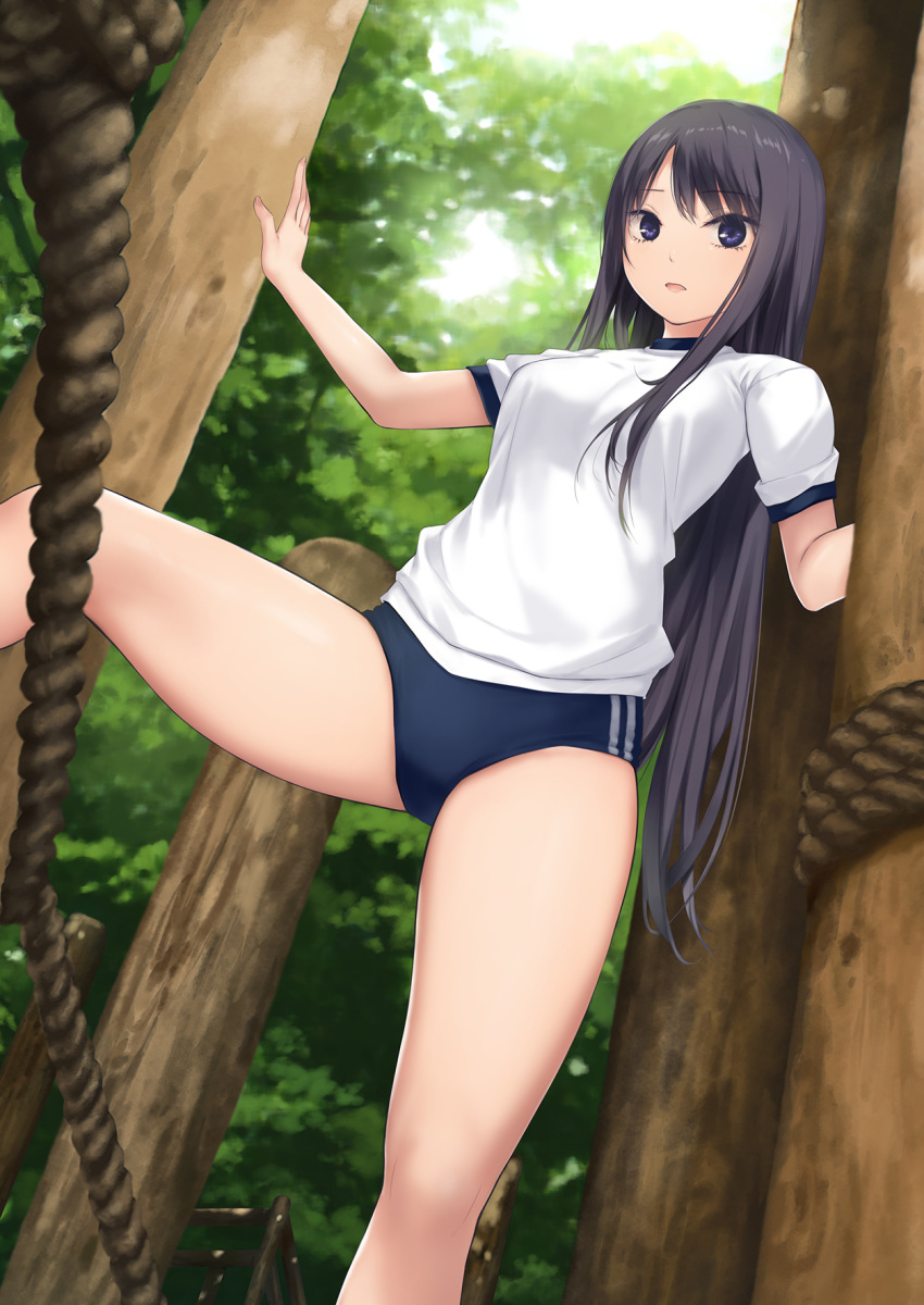 1girl black_eyes black_hair blue_buruma buruma coffee-kizoku commentary_request feet_out_of_frame forest gym_shirt gym_uniform highres long_hair looking_at_viewer nature original rope shiramine_rika shirt solo t-shirt tree white_shirt