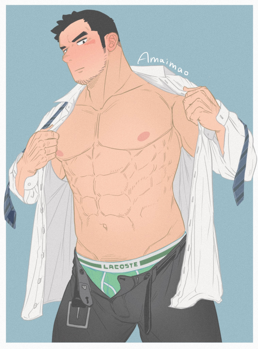 1boy abs amaimao bara bare_pectorals beard_stubble belt blush bulge collarbone ear_blush feet_out_of_frame full-face_blush green_male_underwear grey_pants highres large_pectorals male_focus male_underwear male_underwear_peek mature_male muscular muscular_male navel necktie nipples open_belt open_clothes open_fly open_shirt original pants pectorals pubic_hair pubic_hair_peek salaryman short_hair shy solo standing superman_exposure thighs underwear undone_necktie