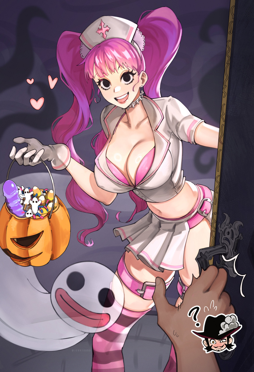 1girl absurdres breasts candy collar collarbone earrings food ghost halloween highres jewelry joy_boy lips long_hair one_piece perona pink_hair skirt smile spiked_collar spikes teeth twintails