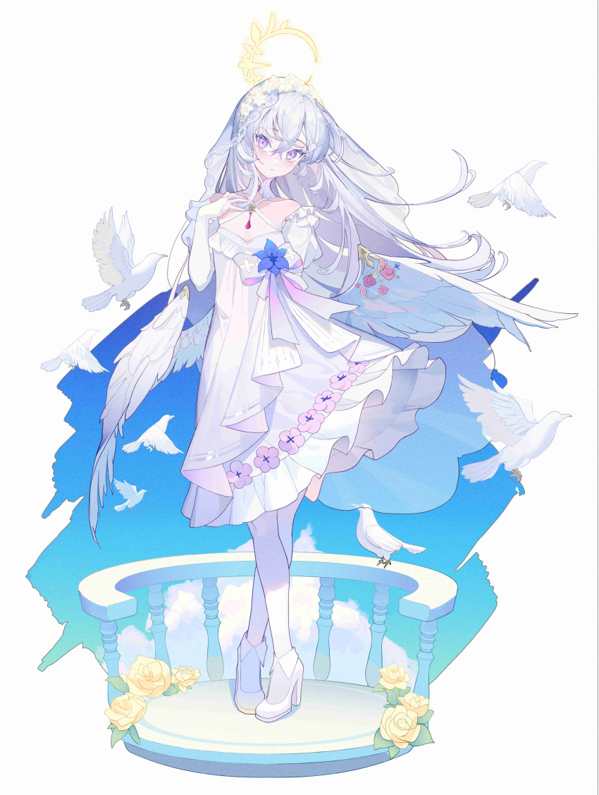 1girl absurdres arm_behind_back azusa_(blue_archive) bird blue_archive blush breasts bridal_gauntlets bridal_veil dress feathered_wings full_body halo head_tilt highres ice_(icepuli) looking_at_viewer pantyhose pigeon purple_eyes small_breasts solo veil white_dress white_footwear white_pantyhose white_wings wings