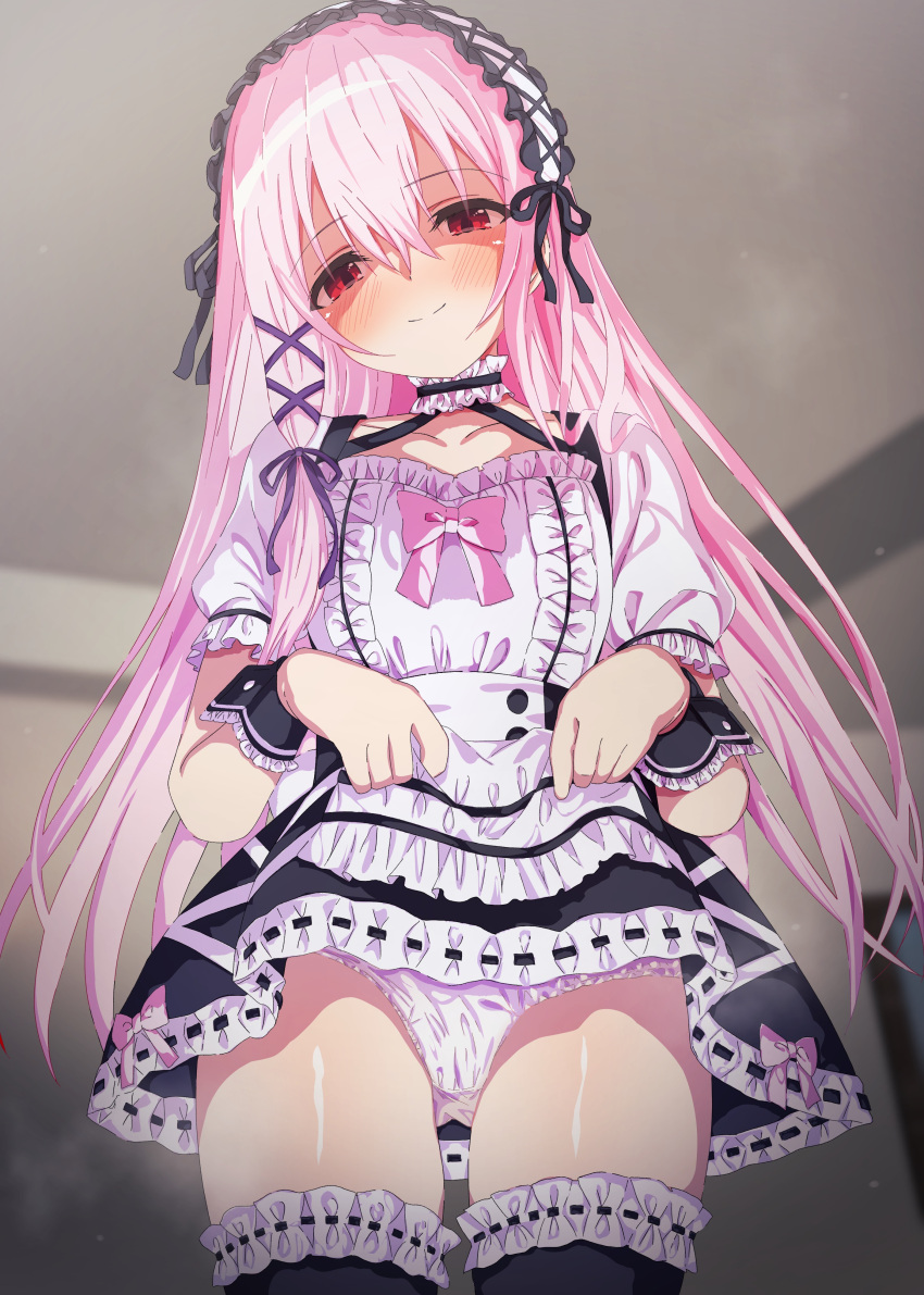 1girl absurdres apron artina black_dress black_thighhighs black_wrist_cuffs blush bow bowtie closed_mouth clothes_lift dress dress_lift engage_kiss frilled_hairband frills hair_between_eyes hair_ornament hair_ribbon hairband head_tilt highres indoors kisara_(engage_kiss) lifted_by_self long_hair looking_at_viewer maid panties pink_bow pink_bowtie pink_hair purple_ribbon red_eyes ribbon ribbon-trimmed_dress ribbon-trimmed_legwear ribbon_trim shaded_face short_sleeves smile solo split_mouth thighhighs underwear white_apron white_panties wrist_cuffs x_hair_ornament