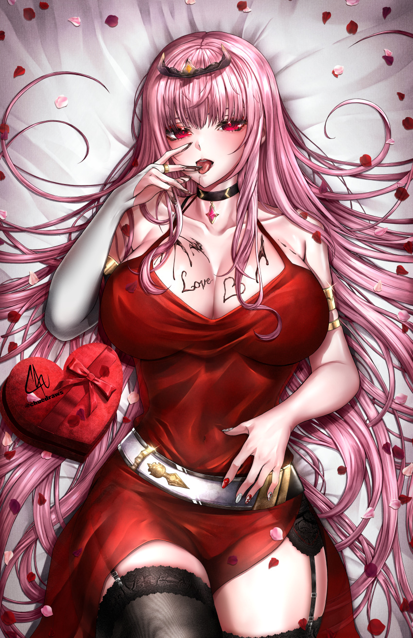 1girl absurdres artist_name bed black_choker black_thighhighs blush box box_of_chocolates breasts bridal_gauntlets chocolate chocolate_on_body chocolate_on_breasts chocolate_on_hand choker chu-e cleavage collarbone dress eyeshadow food_on_body food_on_hand garter_belt garter_straps heart-shaped_box highres hololive hololive_english licking licking_finger long_hair looking_at_viewer lying makeup mori_calliope multicolored_nails on_back on_bed petals pink_eyes pink_hair red_dress rose_petals sleeveless sleeveless_dress solo thighhighs tiara tongue valentine virtual_youtuber white_bridal_gauntlets