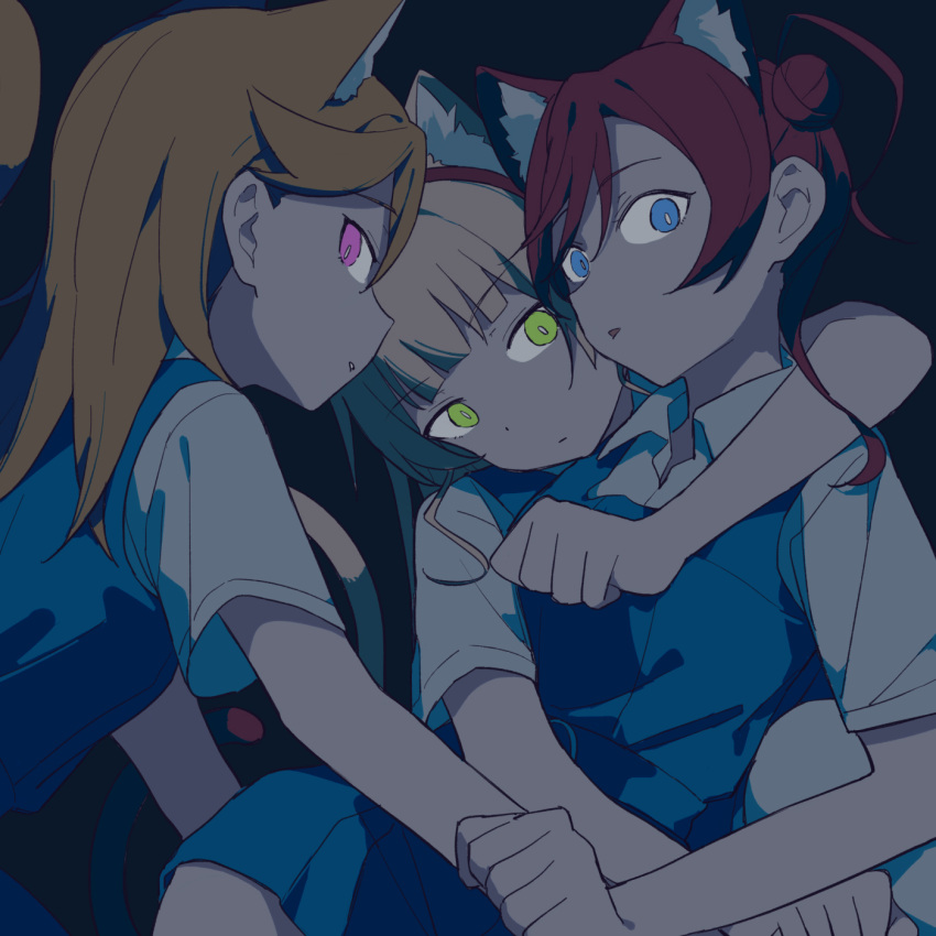 3girls animal_ear_fluff arm_around_neck arm_around_waist blonde_hair blue_dress blue_eyes blush cat_girl cat_tail closed_mouth coldcat. collared_shirt dark dot_nose dress eye_contact face-to-face green_eyes hair_between_eyes hair_bun heanna_sumire highres kemonomimi_mode long_bangs long_hair looking_at_another looking_at_viewer love_live! love_live!_superstar!! multiple_girls nose_blush open_mouth orange_hair pinafore_dress purple_eyes raised_eyebrows red_hair school_uniform shibuya_kanon shirt short_sleeves sidelocks single_side_bun sleeveless sleeveless_dress slit_pupils sweatdrop tail upper_body wavy_mouth white_shirt yoneme_mei