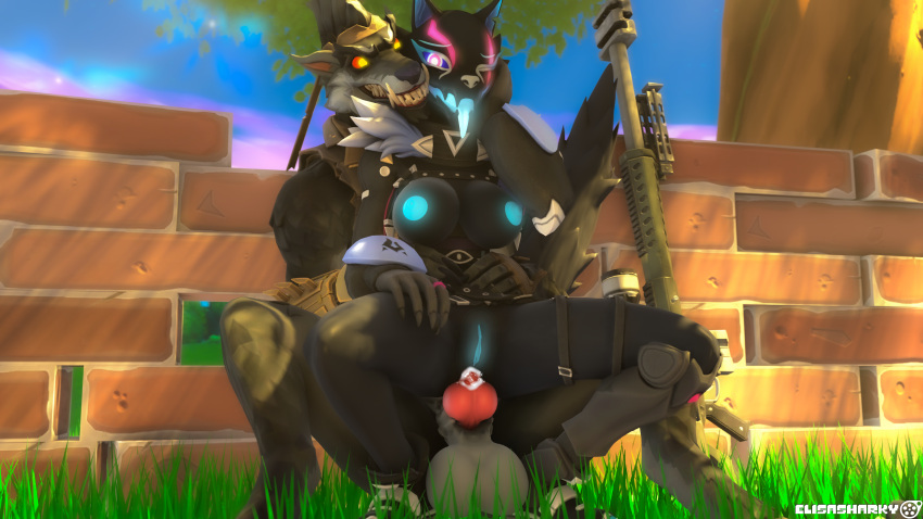 absurd_res anal anal_penetration anthro balls bodily_fluids canid canine canis cum cum_in_ass cum_inside dire_(fortnite) duo elisasharky_(artist) epic_games female fortnite from_behind_position genital_fluids genitals glowing glowing_eyes glowing_genitalia glowing_pussy glowing_tongue grass gun hi_res holding_partner knot looking_at_another looking_pleasured male male/female mammal on_lap pack_leader_highwire penetration plant pussy ranged_weapon rifle sex sitting_on_lap sniper_rifle tongue tree weapon were werecanid werecanine werewolf wolf