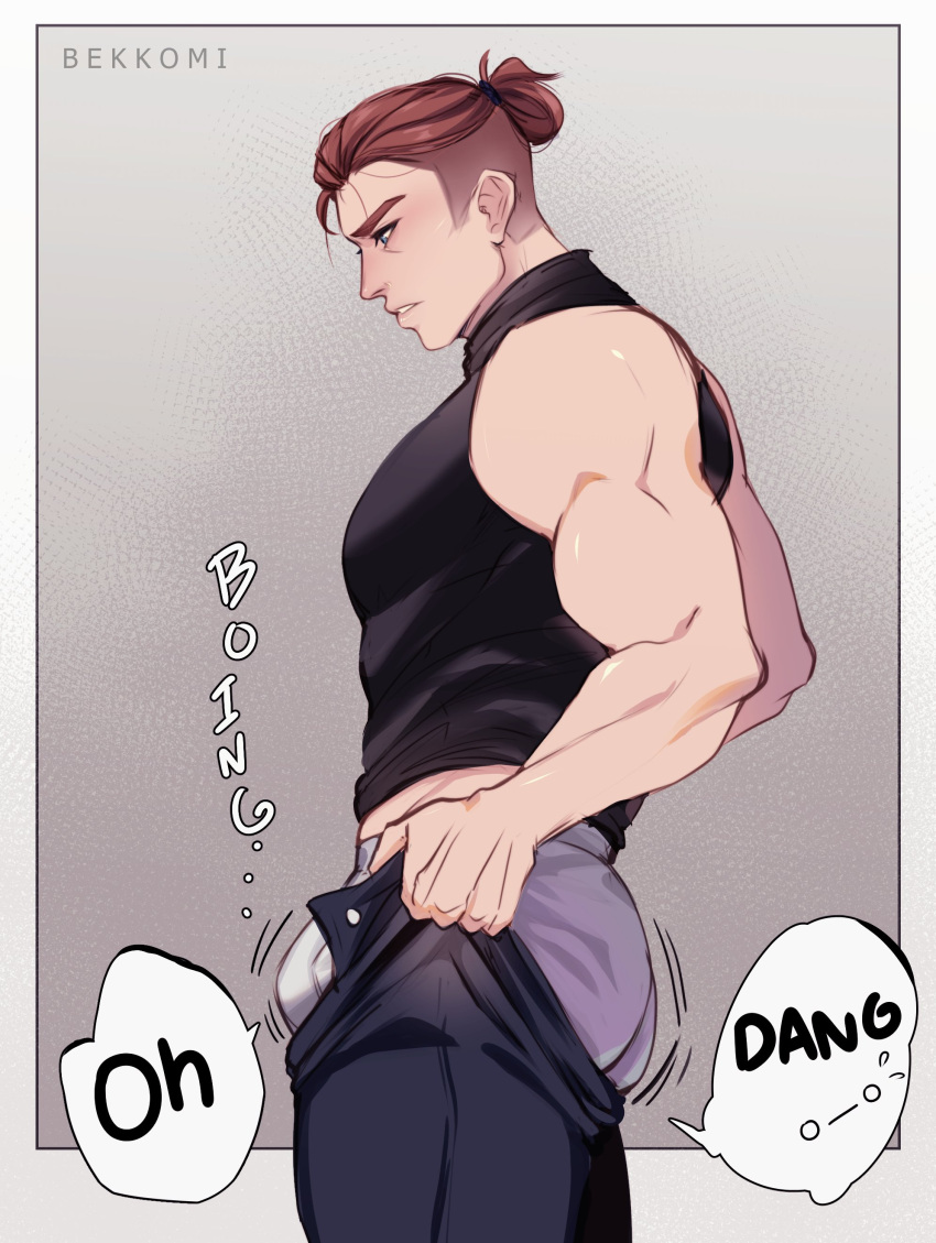 1boy absurdres ass ass_lift bara bare_arms bekkomi blush bouncing_bulge brown_hair bulge bulge_lift dressing english_text feet_out_of_frame from_side grey_male_underwear hair_bun hair_slicked_back highres i've_never_seen_a_guy_recreate_this_successfully_tbh_(meme) jhin large_pectorals league_of_legends looking_at_bulge male_focus male_underwear meme motion_lines muscular muscular_male open_pants pants pants_lift pectorals shirt short_hair sideburns sleeveless sleeveless_shirt solo sound_effects thick_eyebrows thighs undercut undersized_clothes underwear