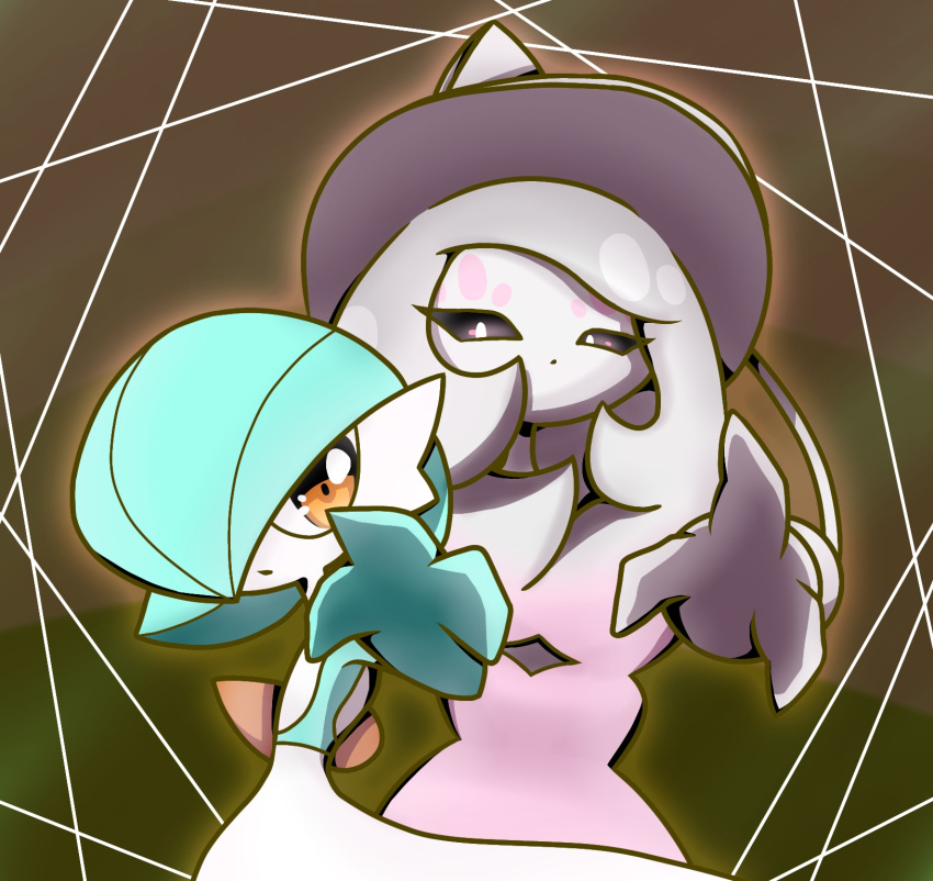 2girls alternate_color arm_up black_sclera blue_hair blue_skin bob_cut closed_mouth colored_sclera colored_skin commentary dot_mouth flat_chest gardevoir grey_hair grey_headwear hair_over_one_eye hat hatterene highres long_hair looking_at_another looking_at_viewer multicolored_hair multicolored_skin multiple_girls one_eye_covered orange_eyes orange_outline outstretched_arm pink_hair pokemon pokemon_(creature) prehensile_hair reaching_towards_viewer shiny_pokemon short_hair sidelocks standing two-tone_hair two-tone_skin upper_body very_long_hair white_eyes white_skin witch_hat yuri_(pixiv_76483886)