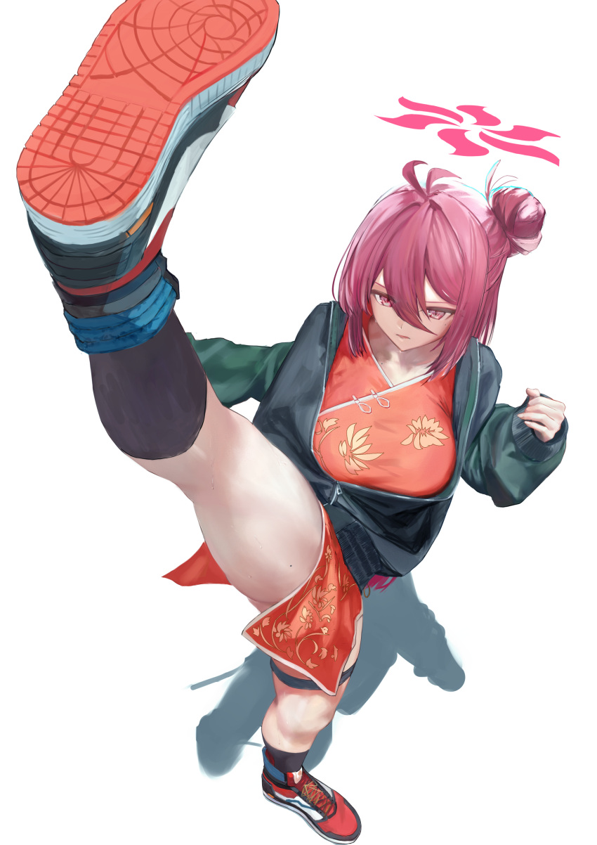 1girl absurdres antenna_hair belt black_choker black_socks blue_archive breasts china_dress chinese_clothes choker dress fighting_stance flexible hair_between_eyes hair_bun halo high_kick highres jacket kicking kneehighs koseikogani large_breasts leg_lift letterman_jacket mole mole_on_chest mole_on_collarbone mole_on_thigh mole_under_eye partially_unzipped pelvic_curtain red_dress red_eyes red_hair red_halo reijo_(blue_archive) shadow shoes single_side_bun sneakers socks solo thigh_belt thigh_strap