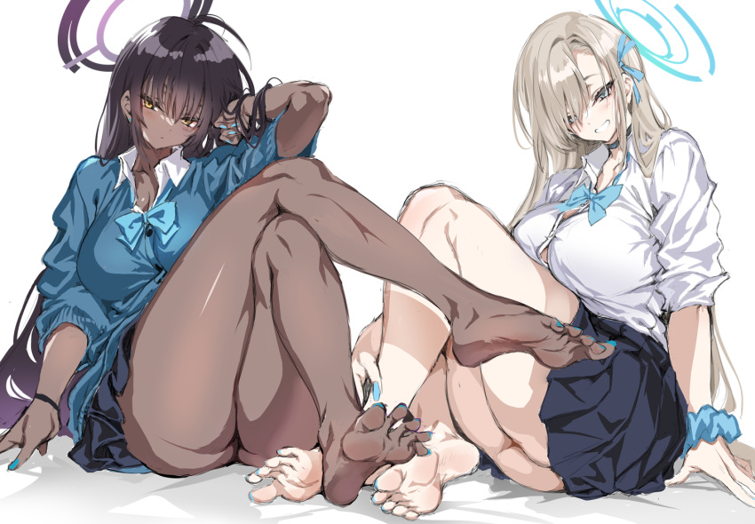 2girls ahoge aqua_bow aqua_bowtie aqua_ribbon aqua_scrunchie ass asuna_(blue_archive) bare_legs barefoot black_hair blue_archive blue_jacket blue_nails blush bow bowtie breasts button_gap choker cle_masahiro cleavage closed_mouth collarbone crossed_legs dark_skin feet fingernails full_body grin hair_over_one_eye halo head_tilt jacket karin_(blue_archive) knee_up knees_up large_breasts legs light_brown_hair long_hair looking_at_viewer loose_bowtie messy_hair multiple_girls nail_polish pleated_skirt ribbon school_uniform scrunchie shirt simple_background sitting sketch skirt sleeves_rolled_up smile socks soles spread_toes straight_hair thick_thighs thighs toenail_polish toenails toes white_background white_shirt yellow_eyes