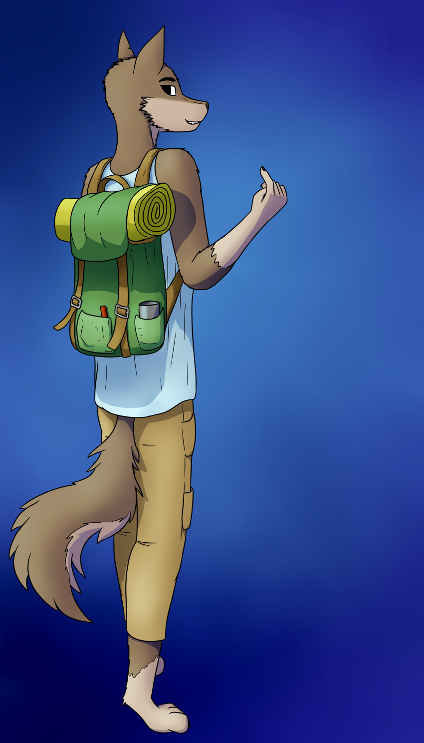absurd_res anthro backpack canid canine canis confusedraven domestic_dog hi_res male mammal simple_background solo traveler walking wolf