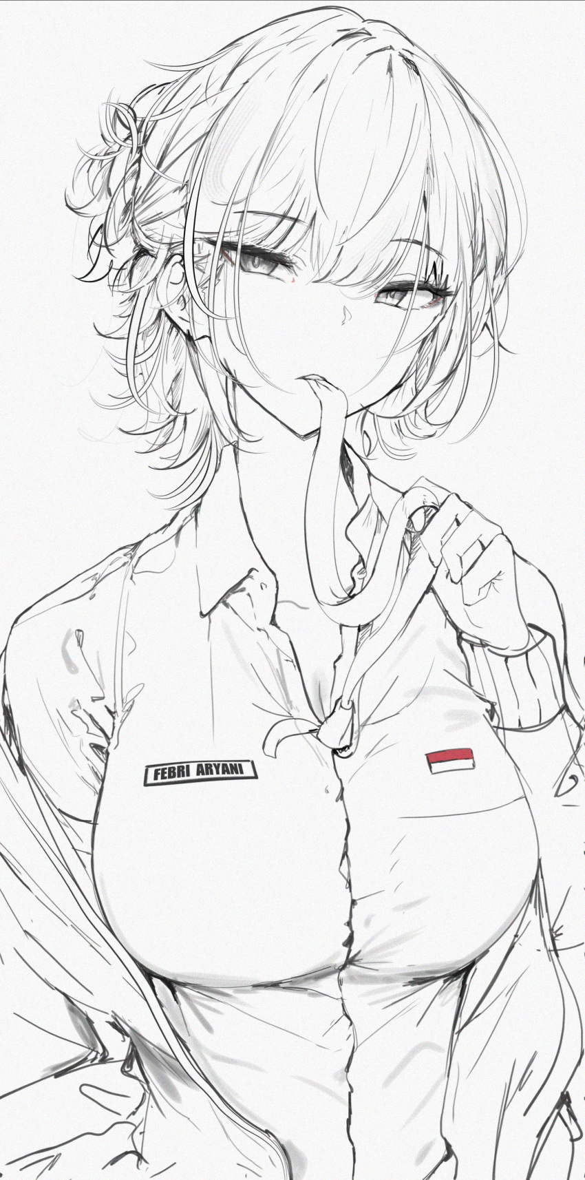 1girl absurdres breasts collared_shirt highres holding_necktie indonesian_high_school_uniform jacket large_breasts long_sleeves looking_at_viewer mouth_hold necktie necktie_in_mouth original school_uniform shirt short_hair sketch solo upper_body vloodozer