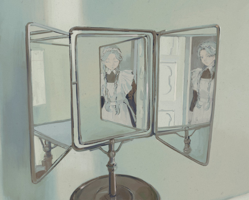 1girl apron black_dress braid closed_eyes closed_mouth different_reflection dress expressionless grey_eyes grey_hair highres juliet_sleeves kgeroua long_hair long_sleeves looking_at_viewer maid maid_apron maid_headdress mirror original puffy_sleeves reflection solo twin_braids