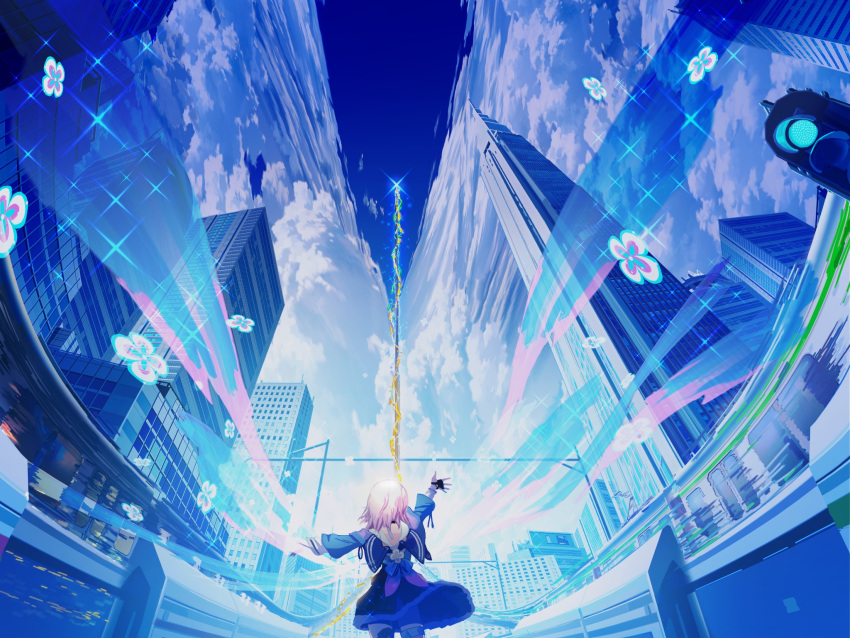 1girl arm_up black_choker black_gloves blue_skirt blue_sky blue_sleeves blue_theme building choker city cloud commentary day gloves highres honkai:_star_rail honkai_(series) long_sleeves looking_up makoron117117 march_7th_(honkai:_star_rail) medium_hair outdoors pink_hair single_glove skirt sky solo standing star_(sky)