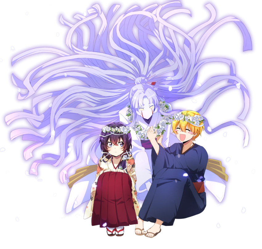 1boy 2girls :d ^_^ blonde_hair blue_eyes blue_kimono blush_stickers bungou_stray_dogs chrysanthemum_print closed_eyes closed_mouth commentary crossed_bangs demon_snow_(bungou_stray_dogs) expressionless facial_mark falling_petals floating_hair floral_print flower flower_wreath full_body hair_between_eyes hair_bun hair_flower hair_ornament hair_over_shoulder hair_ribbon hakama half_updo hands_on_own_knees head_wreath holding_wreath izumi_kyouka_(bungou_stray_dogs) japanese_clothes kimono knees_up long_hair looking_at_another low_ponytail miyazawa_kenji_(bungou_stray_dogs) multiple_girls myagarin no_mouth obi on_ground petals pigeon-toed purple_hair putting_on_jewelry red_hakama red_sash ribbon rose sash short_hair sideways_glance simple_background single_hair_bun sitting smile socks solid_eyes spirit symbol-only_commentary tabi white_background white_flower white_kimono white_ribbon white_rose white_socks yellow_eyes yellow_kimono zouri