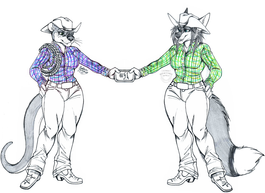 anthro beverage buckle butt canid canine clothing coffee coffeeotter cowboy cowgirl_(disambiguation) duo emberfox female female/female fennec fox hat headgear headwear hi_res invalid_tag mammal mustelid ott otter river rudder_(disambiguation) sketch sleek sly thehuntingwolf western