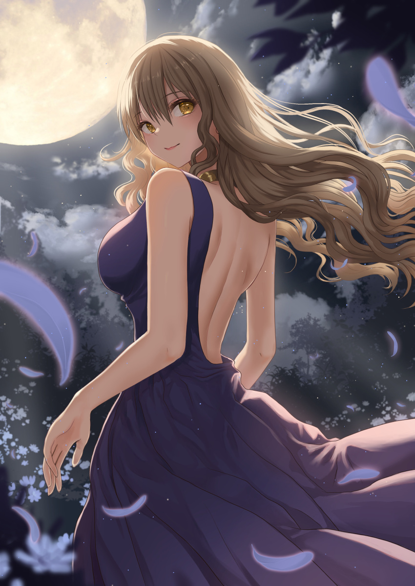 1girl absurdres alha back backless_dress backless_outfit bare_shoulders blonde_hair blue_dress breasts cloud dress flower from_behind full_moon highres light_smile long_dress long_hair looking_back median_furrow medium_breasts moon nature night night_sky petals shoulder_blades sideboob single_strap sky sleeveless sleeveless_dress solo touhou tree watatsuki_no_toyohime yellow_eyes