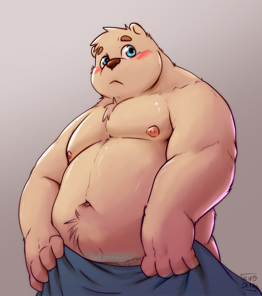 2023 absurd_res anthro bear belly big_belly blue_eyes blush hi_res humanoid_hands kenobear male mammal moobs navel nipples overweight overweight_male solo towel