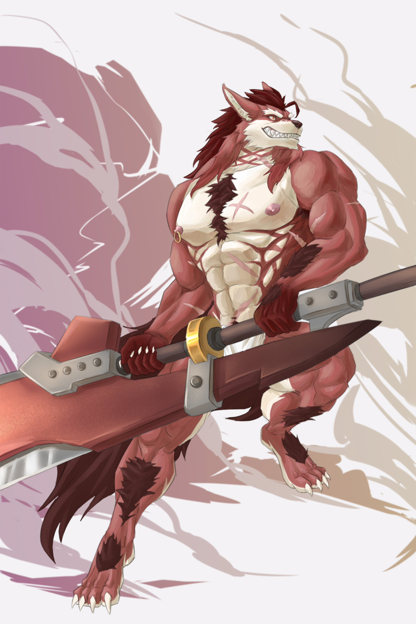 anthro body_hair canid canine capcom chest_hair clenched_teeth dungeons_and_dragons grin hasbro hi_res huge_sword lee_(zark) male mammal monster_hunter muscular red_body red_eyes scar smile solo tail teeth tribe warrior weapon were werecanid werecanine werewolf wizards_of_the_coast wristband