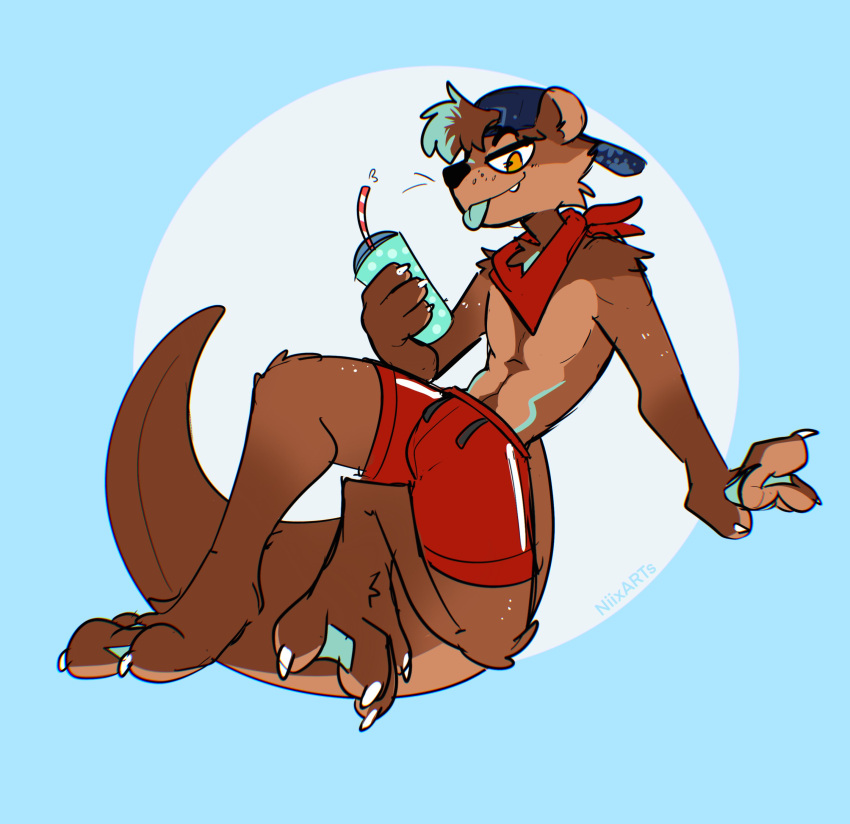 absurd_res anthro backwards_baseball_cap backwards_hat bandanna bandanna_on_neck baseball_cap beverage blep blue_background blue_highlights brown_body brown_fur brown_hair cheek_tuft clothing container cup facial_tuft fangs fur hair half-closed_eyes hat headgear headwear hi_res highlights_(coloring) kerchief male mammal membrane_(anatomy) mustelid narrowed_eyes otter simple_background smile smirk smug smug_face solo swimming_trunks swimwear teeth tongue tongue_out tuft webbed_feet webbed_hands xing1