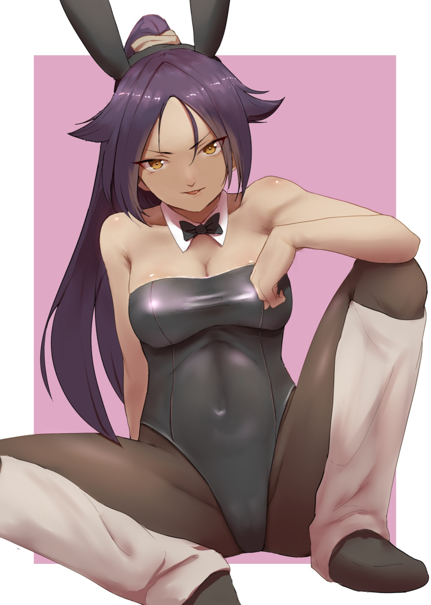 1girl animal_ears black_footwear black_leotard bleach border breasts cleavage commission dark-skinned_female dark_skin fake_animal_ears highres honmakaina_kudou leg_warmers leotard lips long_hair looking_at_viewer medium_breasts navel pantyhose parted_lips pink_background playboy_bunny purple_hair shihouin_yoruichi skeb_commission small_breasts smile spread_legs white_border yellow_eyes