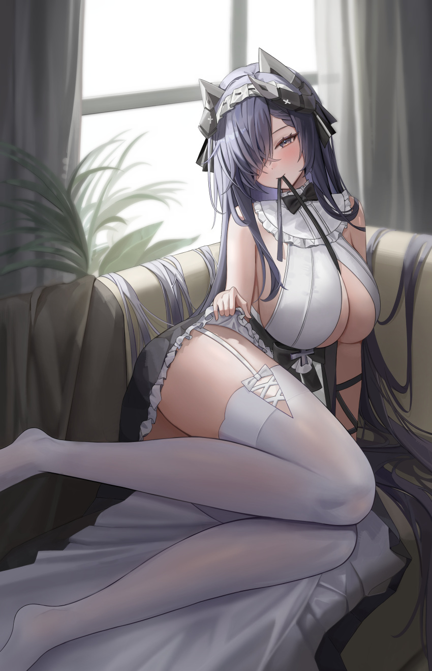 1girl absurdres august_von_parseval_(azur_lane) august_von_parseval_(the_conquered_unhulde)_(azur_lane) azur_lane between_breasts black_bow black_bowtie black_horns blush bow bowtie breasts cleavage closed_mouth clothes_lift commentary dress dress_lift frilled_dress frills garter_straps grey_eyes grey_hair hair_over_one_eye highres horns indoors large_breasts lifted_by_self long_hair looking_at_viewer maid_headdress manus_(manuspupa) mechanical_horns mouth_hold no_shoes official_alternate_costume revision ribbon ribbon_in_mouth sleeveless sleeveless_dress solo thighhighs thighs very_long_hair white_garter_straps white_thighhighs