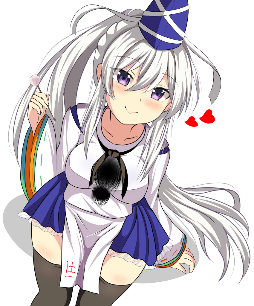 1girl absurdres black_thighhighs blue_headwear blue_skirt breasts closed_mouth collarbone commentary_request hat heart highres japanese_clothes kariginu large_breasts long_hair long_sleeves looking_at_viewer mimikaki mononobe_no_futo pleated_skirt pom_pom_(clothes) purple_eyes ribbon-trimmed_sleeves ribbon_trim rou_neko_(bbaaa333) simple_background skirt smile solo tate_eboshi thighhighs touhou very_long_hair white_background wide_sleeves