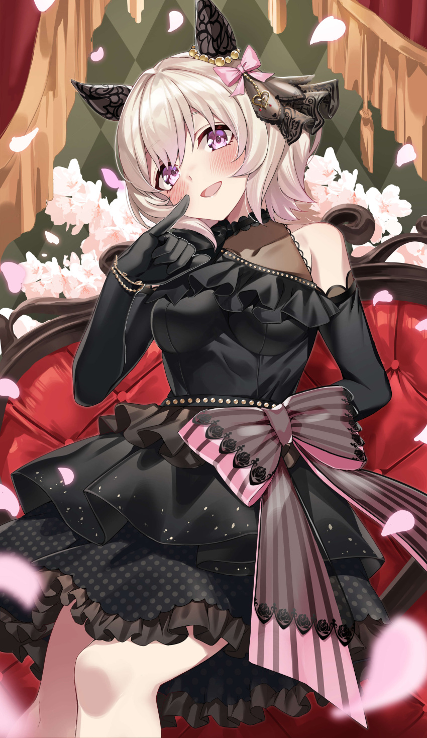 1girl absurdres animal_ears black_dress blush bow bracelet breasts commentary_request couch curren_chan_(sakutsuki_ma_cherie)_(umamusume) curren_chan_(umamusume) dress ear_bow ear_covers ear_ornament elbow_gloves falling_petals gloves grey_hair hachiroku_(hatirokusann86) highres horse_ears horse_girl jewelry medium_breasts official_alternate_costume open_mouth petals pink_bow purple_eyes short_hair sitting smile solo umamusume