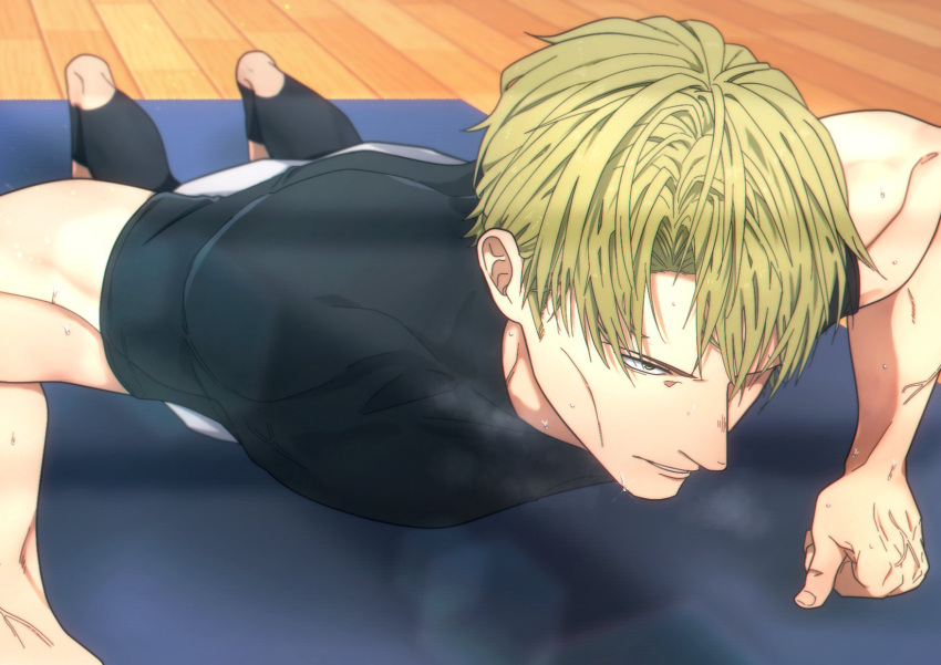 1boy aozora1227 black_shirt blonde_hair brown_eyes exercise full_body highres jujutsu_kaisen male_focus nanami_kento parted_lips push-ups shirt short_hair short_sleeves solo sweat