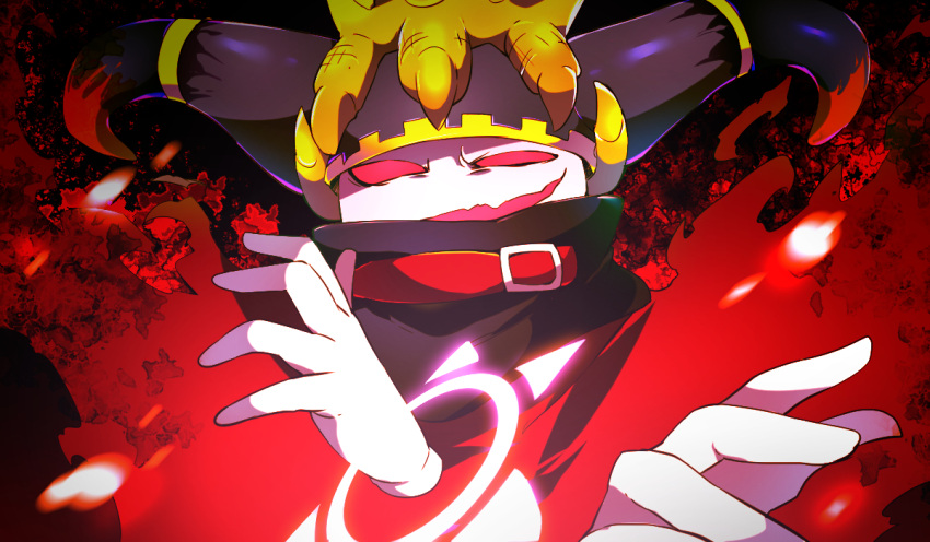 belt belt_buckle belt_collar black_background black_horns black_scarf buckle cape collar commentary_request crown disembodied_limb fire gloves horns kirby_(series) large_horns looking_at_viewer magic magolor master_crown no_humans open_mouth palette_swap red_belt red_cape red_eyes scarf sharp_teeth shirushiki smirk solid_eyes solo straight-on teeth upper_teeth_only white_gloves yellow_headwear