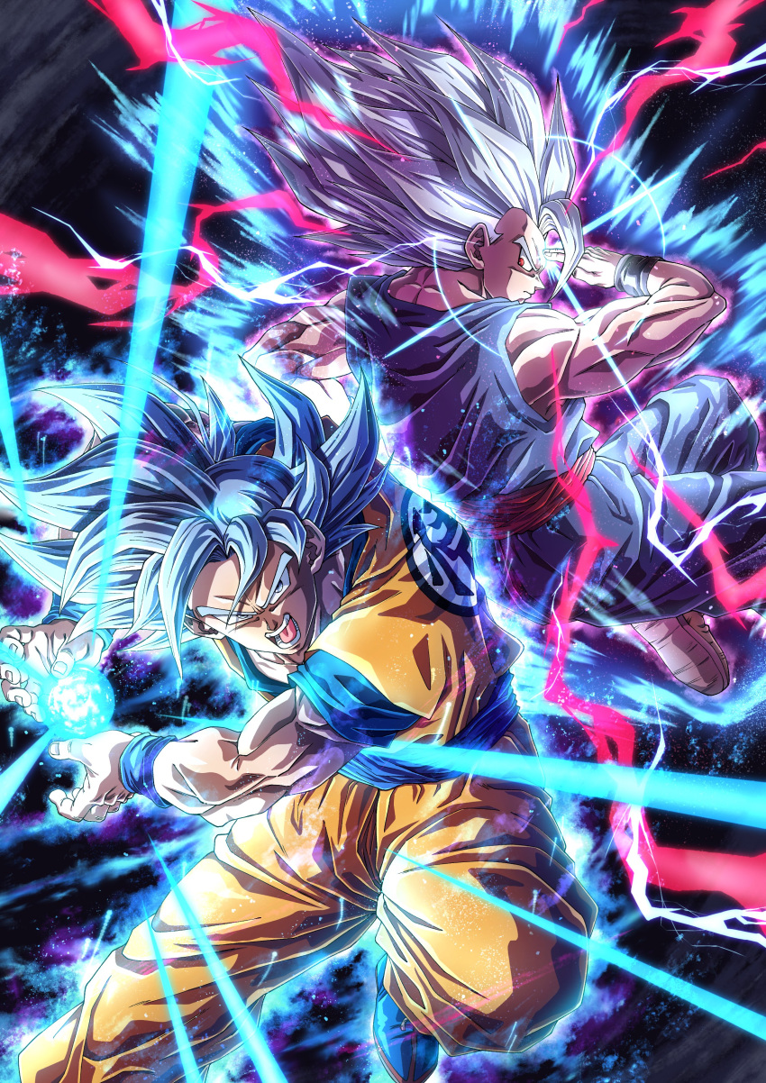 2boys absurdres angry arm_up aura baggy_pants biceps black_wristband blue_eyes blue_hair blue_pants blue_shirt blue_wristband closed_mouth commentary_request dougi dragon_ball dragon_ball_super dragon_ball_super_super_hero electricity energy energy_ball father_and_son gohan_beast grey_hair hair_between_eyes hands_up highres looking_at_viewer male_focus mocky_art multiple_boys muscular muscular_male open_mouth orange_pants pants profile red_eyes red_sash sash serious shirt short_sleeves sideways_glance son_gohan son_goku spiked_hair super_saiyan super_saiyan_blue teeth tongue v-shaped_eyebrows wristband