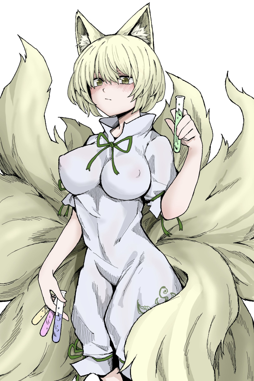 1girl absurdres animal_ears blonde_hair blush breasts closed_mouth cosplay fe_(tetsu) fox_ears fox_tail green_ribbon hair_between_eyes highres holding kudamaki_tsukasa kudamaki_tsukasa_(cosplay) large_breasts multiple_tails ribbon romper short_hair short_sleeves simple_background solo tail test_tube touhou white_background white_romper yakumo_ran yellow_eyes