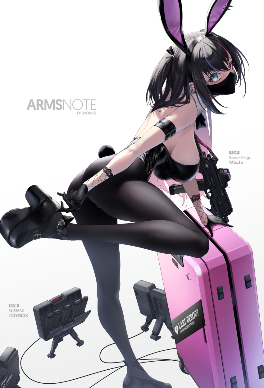 1girl animal_ears arms_note ass black_gloves black_hair black_leotard blue_eyes blue_hair breasts ear_piercing explosive fake_animal_ears from_side fukai_ryosuke full_body gloves gun heterochromia highres leotard long_hair looking_at_viewer medium_breasts mine_(weapon) mine_laying_maid multicolored_hair piercing pink_eyes pink_hair playboy_bunny rolling_suitcase solo streaked_hair submachine_gun suitcase weapon white_background